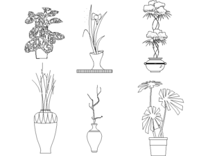 plantas altas dentro de jarrones en bloque DWG
