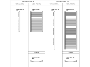 Descarga bloques AutoCAD radiador toallero de 80 y 150 cm con vistas 2D en formato DWG gratis. Versatilidad y diseño para tus planos.