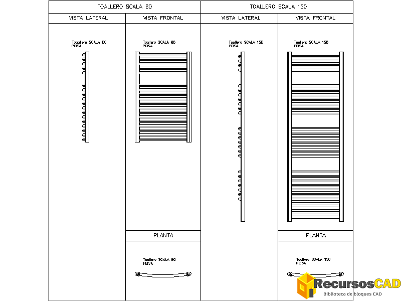 Descarga bloques AutoCAD radiador toallero de 80 y 150 cm con vistas 2D en formato DWG gratis. Versatilidad y diseño para tus planos.