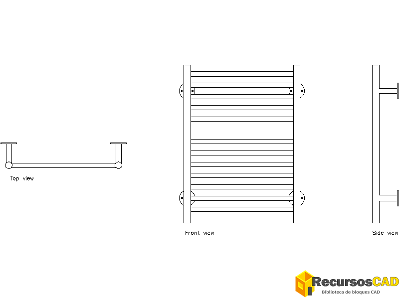 Bloques AutoCAD Radiador toallero con vistas 2D en planta, l