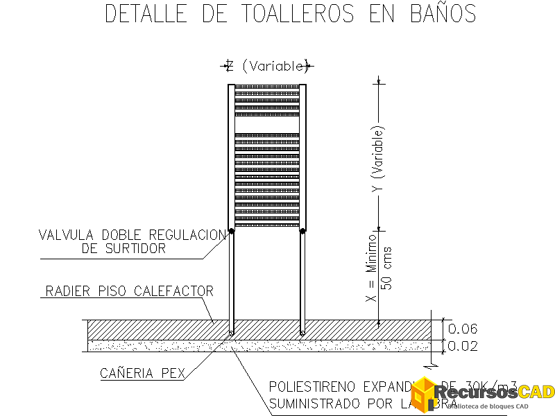 Descarga bloques AutoCAD detalle de toallero en baños con cotas y especificaciones en formato DWG. Ideal para proyectos técnicos.