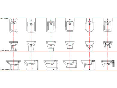 Bloques AutoCAD DWG de bidet Vista superior, frontal y lateral