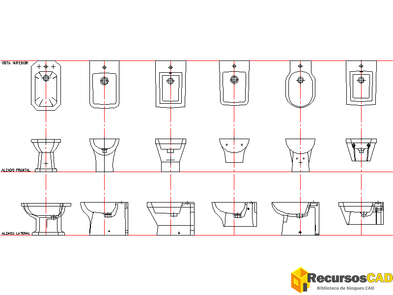 Bloques AutoCAD DWG de bidet Vista superior, frontal y lateral