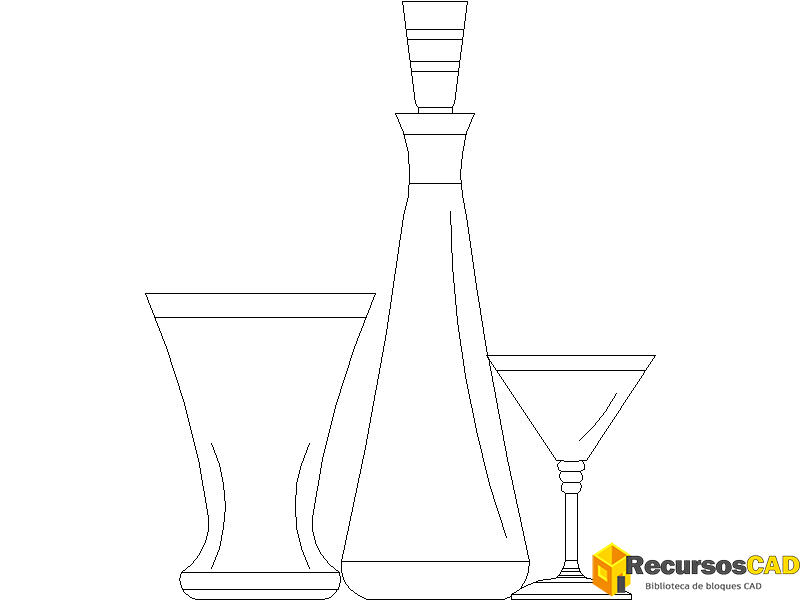 Bloques AutoCAD DWG Botella, jarra y vaso