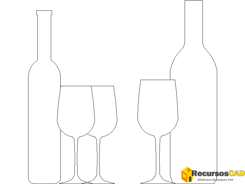Botellas y vasos de Cabernet en DWG para AutoCAD