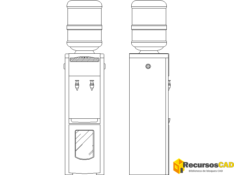 Bloques AutoCAD DWG Dispensador de agua vertical en vista frontal y lateral