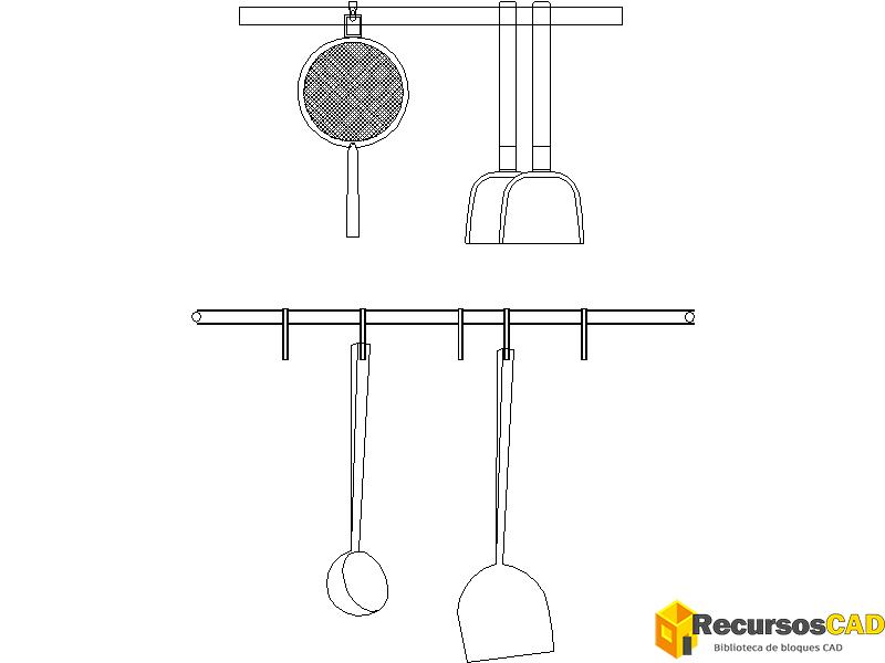 Bloques AutoCAD DWG Tamiz de cocina, cucharón y espátulas 2D gratis