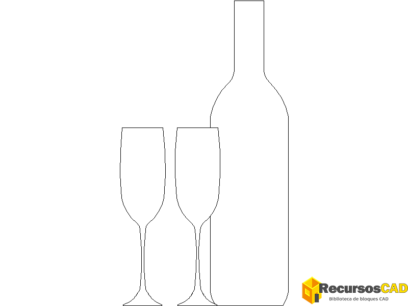 Bloques AutoCAD DWG de vino dulce con 2 flautas