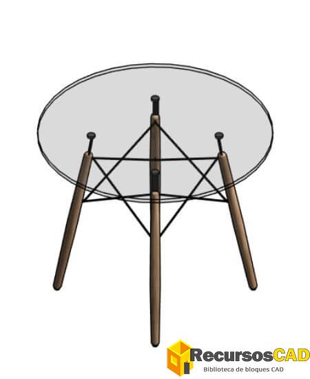 Mesa redonda con tapa de vidrio, patas de madera y detalle de acero