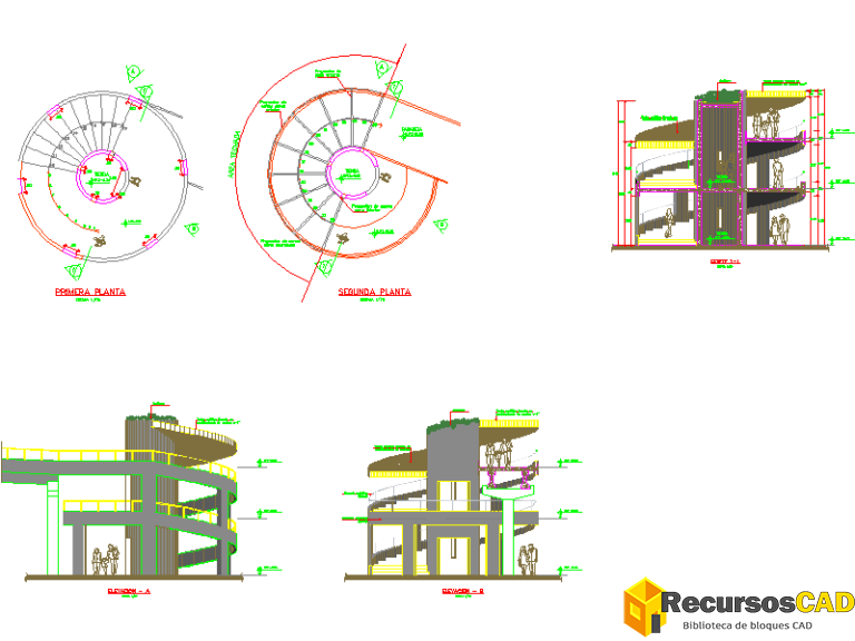 Rampa helicoidal en edificios comerciales | Planos CAD detallados
