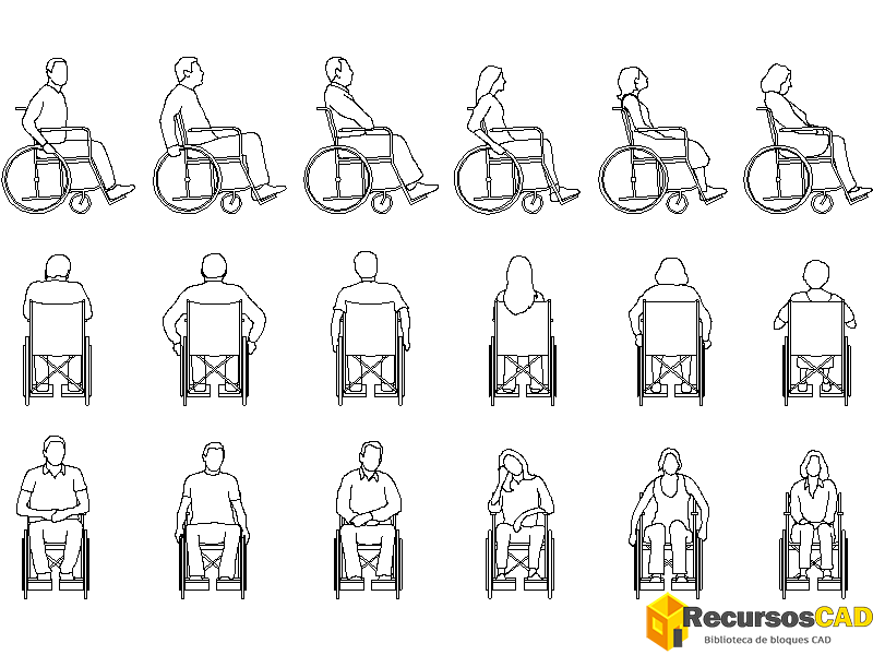 Bloques AutoCAD de personas en silla de ruedas en DWG