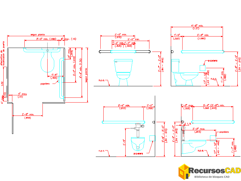 Bloques AutoCAD de baños para discapacitados en DWG