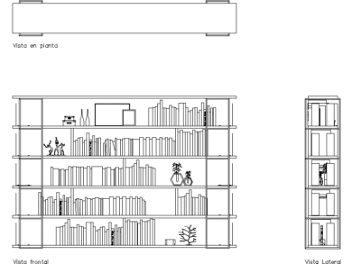 Estantería 2D en planta, frontal y lateral