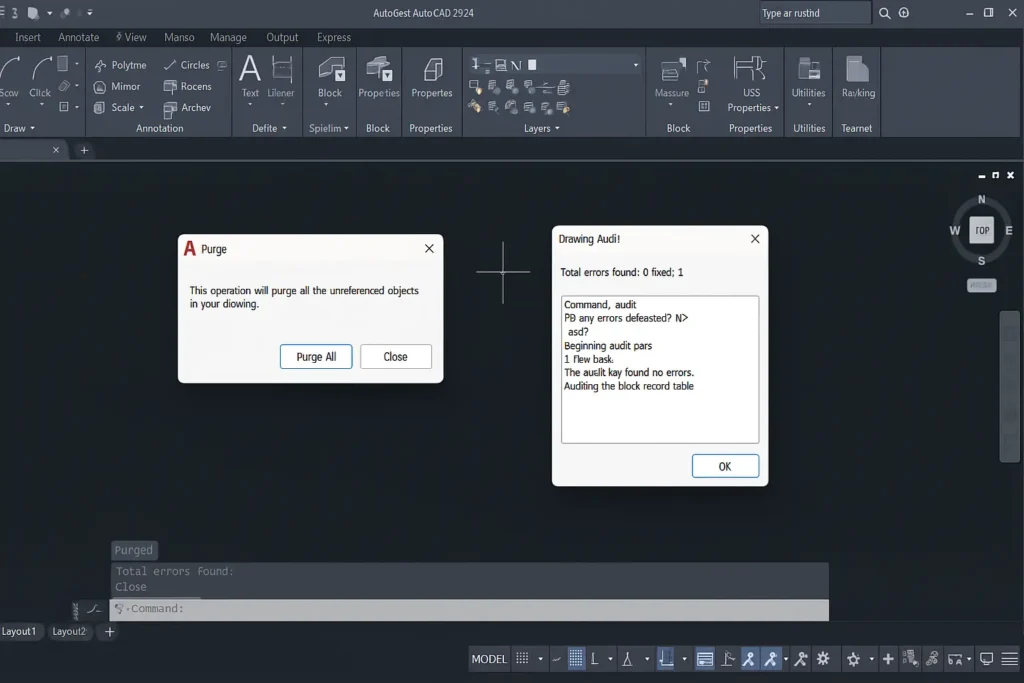 AutoCAD ejecutando los comandos PURGE y AUDIT