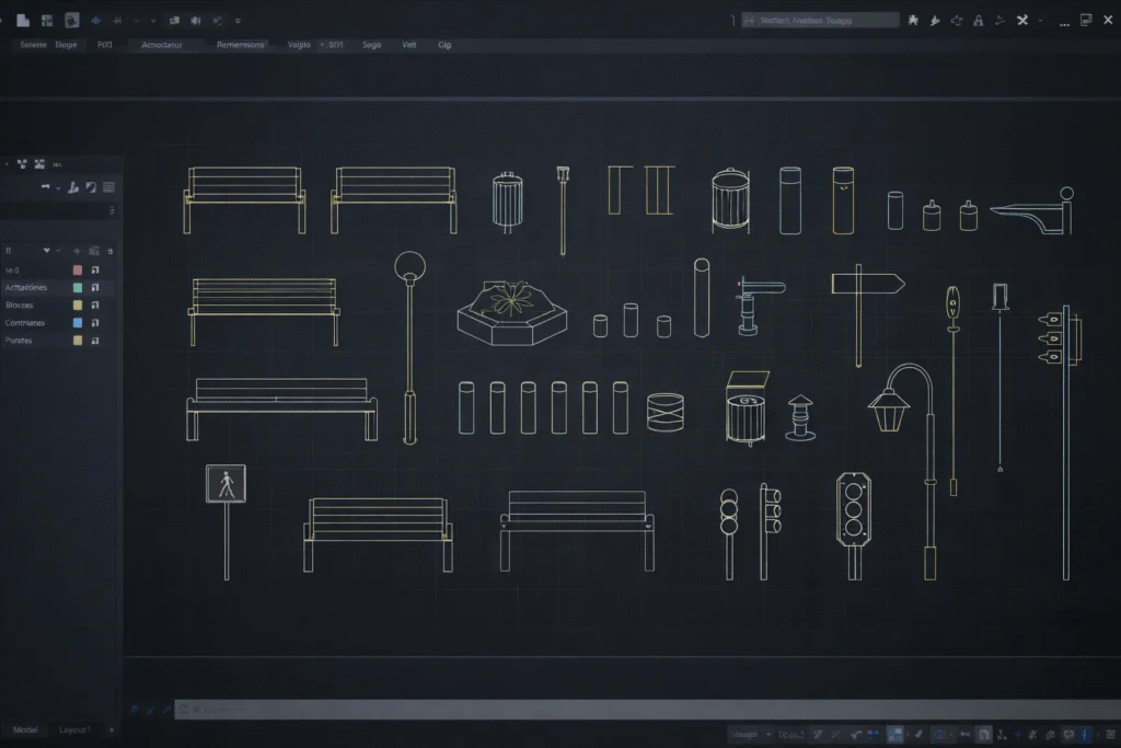 Bloques AutoCAD de mobiliario urbano para planos de urbanismo
