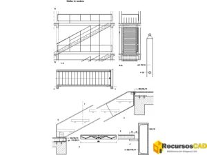 Detalle de escalera recta con barandillas modulares y apoyos DWG