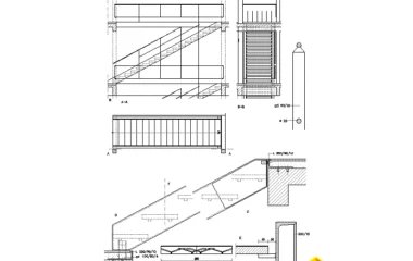 Detalle de escalera recta con barandillas modulares y apoyos DWG