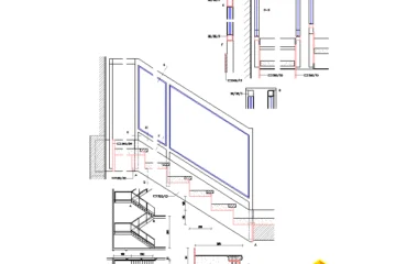 Escalera en planta de un tramo con barandilla de paños DWG