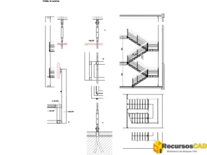 Detalle de escalera de tres tramos con peldanos DWG y descansillos