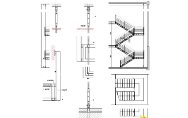 Detalle de escalera de tres tramos con peldanos DWG y descansillos