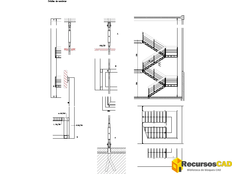 Detalle de escalera de tres tramos con peldanos DWG y descansillos — vista previa CAD