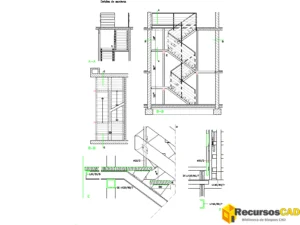 Detalle de escalera con descansillos con peldanos DWG y anclajes