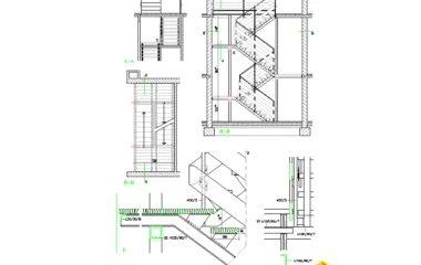 Detalle de escalera con descansillos con peldanos DWG y anclajes