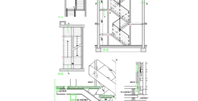 Escalera de varios tramos con descansillos, peldaños, barandillas, cotas y detalles de anclajes y apoyos