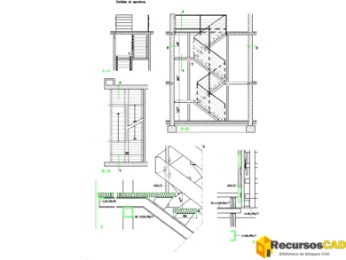 Escalera de varios tramos con descansillos, peldaños, barandillas, cotas y detalles de anclajes y apoyos