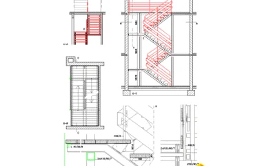 Escalera con descansillos DWG de varios tramos y detalles de unión