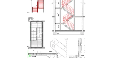 Escalera de varios tramos con descansillos, peldaños, barandillas, cotas y detalles ampliados de apoyos y uniones