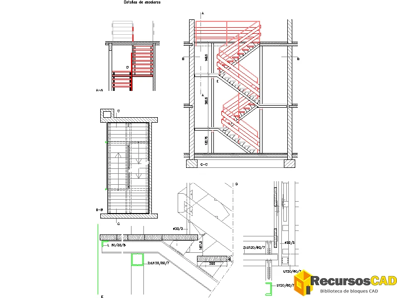 Escalera con descansillos DWG de varios tramos y detalles de unión — vista previa CAD