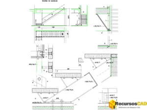 Detalle de escalera de un tramo con peldanos DWG con apoyos y perfiles