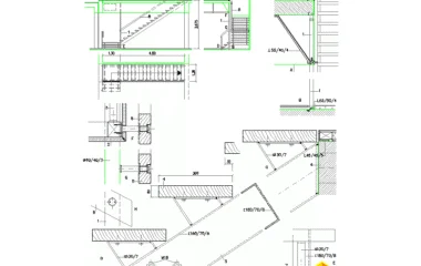 Detalle de escalera de un tramo con peldanos DWG con apoyos y perfiles