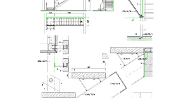 Escalera recta de un tramo con peldaños, cotas, apoyos, anclajes, perfiles y detalles constructivos ampliados