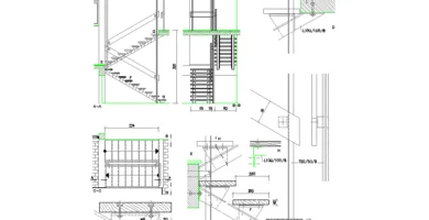 Escalera recta con peldaños, cotas, apoyos, perfiles y encuentros constructivos ampliados