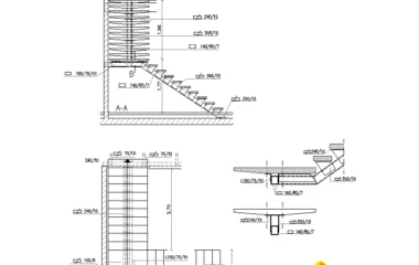 Detalle de escalera de dos tramos con descansillos DWG y perfiles