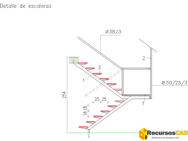 Detalle de escalera de dos tramos con descansillo DWG — vista previa CAD