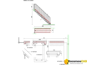 Detalle de escalera de un tramo DWG con barandilla y anclajes