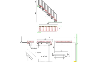 Detalle de escalera de un tramo DWG con barandilla y anclajes