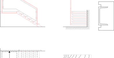 Escalera de tramo recto con peldaños regulares, barandilla continua y detalles de encuentros constructivos