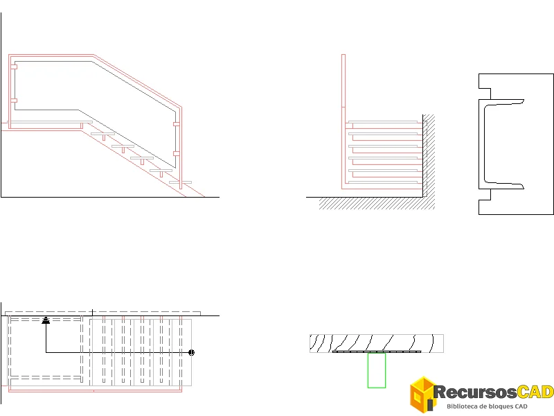 Detalle de escalera de tramo recto DWG con barandilla y encuentros — vista previa CAD