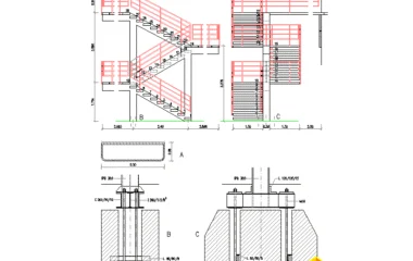 Detalle de escalera con varios tramos, descansillos y anclajes DWG