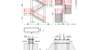 Escalera de varios tramos con descansillos, barandillas, cotas y detalles de anclaje