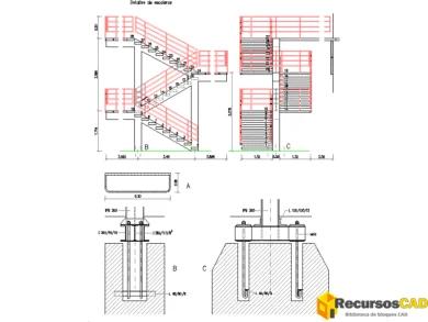 Escalera de varios tramos con descansillos, barandillas, cotas y detalles de anclaje