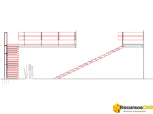 Escalera recta con desembarco y barandilla superior DWG