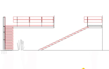 Escalera recta con desembarco y barandilla superior DWG