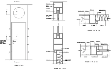 Detalle constructivo de puerta con óculo circular DWG