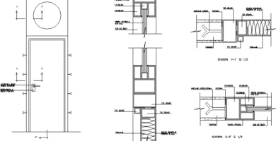 Detalle constructivo de puerta de una hoja con óculo circular superior, marco, fijaciones laterales y secciones de perfiles de carpintería