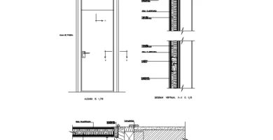 Detalle constructivo de puerta interior de una hoja con fijo superior, cerco y secciones de encuentros
